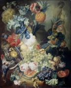Картина Натюрморт с цветами, фруктами и птицами, Ян ван Ос